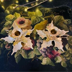 Vintage Brass Christmas Poinsettia Candle Holders 2 Set MCM Cottagecore Floral